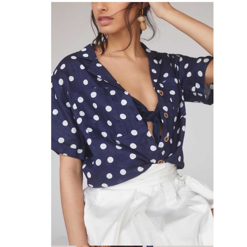 Maeve Anthropologie Navy Polka Dot 100% Linen Buttondown Surf Shirt Small